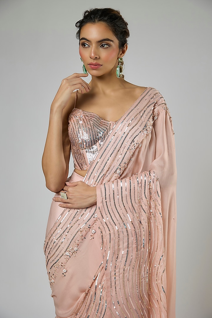 Peachy Pink Fuji Crepe Floral Embroidered Pre-Stitched Wedding Saree Set by MASUMI MEWAWALLA at Pernia's Pop Up Shop