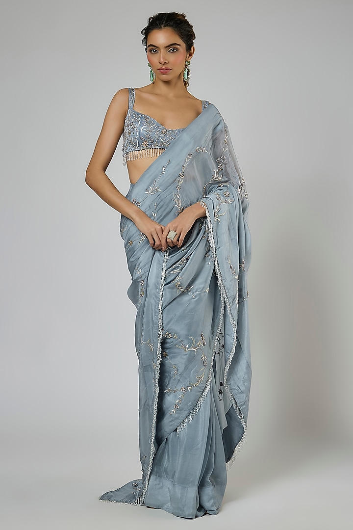 Periwinkle Blue Habutai Silk Floral Embroidered Pre-Stitched Wedding Saree Set by MASUMI MEWAWALLA at Pernia's Pop Up Shop