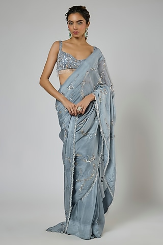Periwinkle Blue Habutai Silk Floral Embroidered Pre-Stitched Saree Set by MASUMI MEWAWALLA