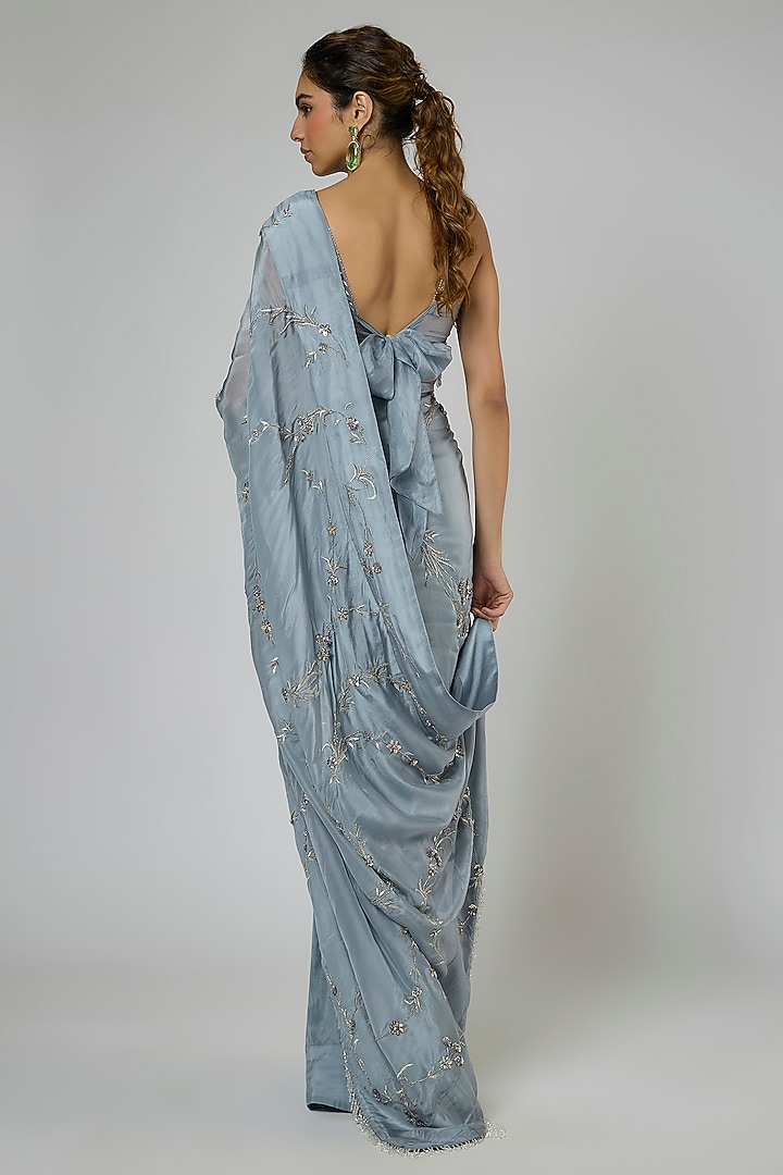 Periwinkle Blue Habutai Silk Floral Embroidered Pre-Stitched Wedding Saree Set by MASUMI MEWAWALLA at Pernia's Pop Up Shop