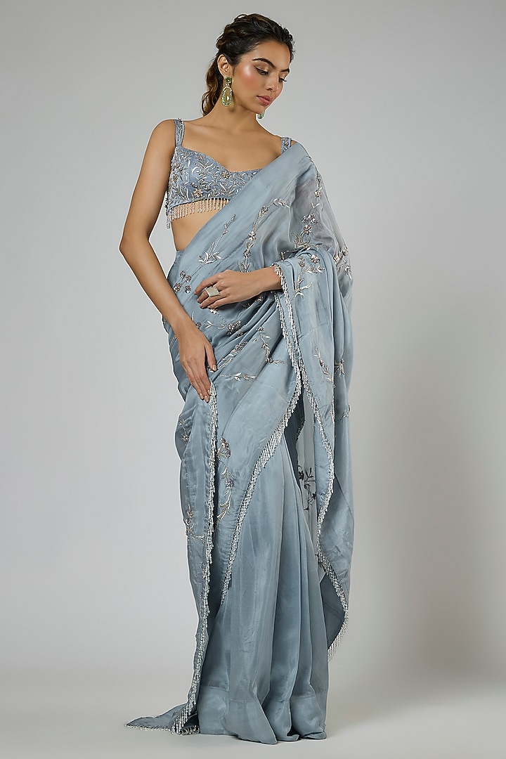 Periwinkle Blue Habutai Silk Floral Embroidered Pre-Stitched Wedding Saree Set by MASUMI MEWAWALLA at Pernia's Pop Up Shop