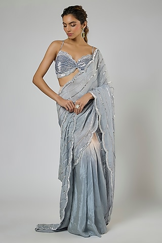 Periwinkle Blue Crushed Tissue Embroidered Pre-Stitched Saree Set by MASUMI MEWAWALLA