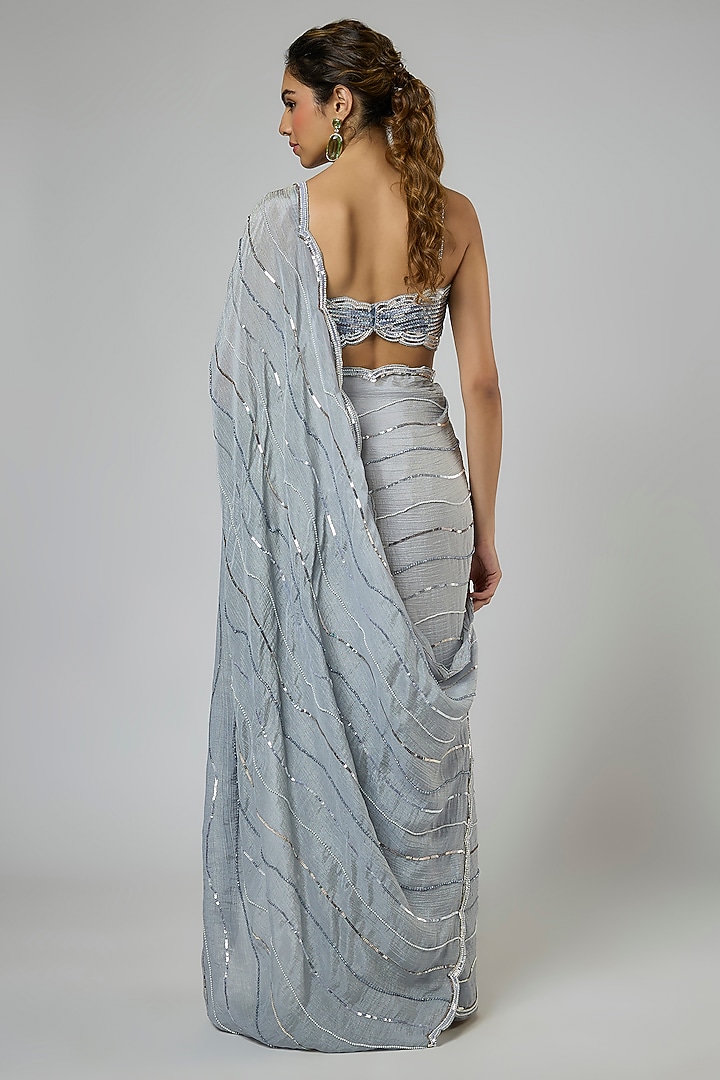 Periwinkle Blue Crushed Tissue Embroidered Pre-Stitched Wedding Saree Set by MASUMI MEWAWALLA at Pernia's Pop Up Shop