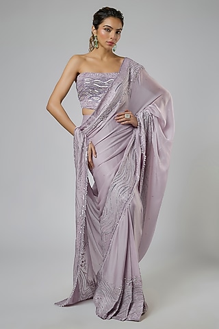 Dusty Lilac Bemberg Satin Georgette Embroidered Pre-Stitched Saree Set by MASUMI MEWAWALLA