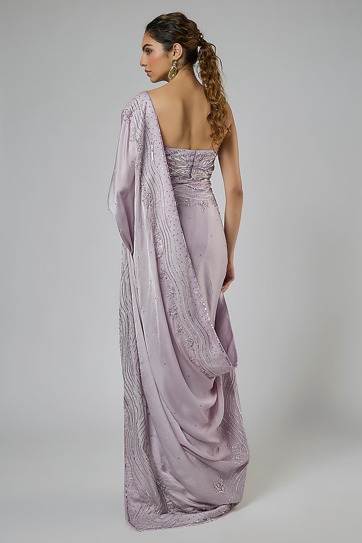 Dusty Lilac Bemberg Satin Georgette Embroidered Pre-Stitched Reception Saree Set by MASUMI MEWAWALLA at Pernia's Pop Up Shop
