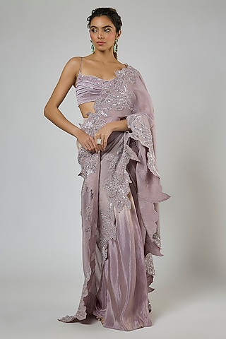 Dusty Lilac & Pink Ombre Crushed Tissue Embroidered Pre-Stitched Saree Set by MASUMI MEWAWALLA