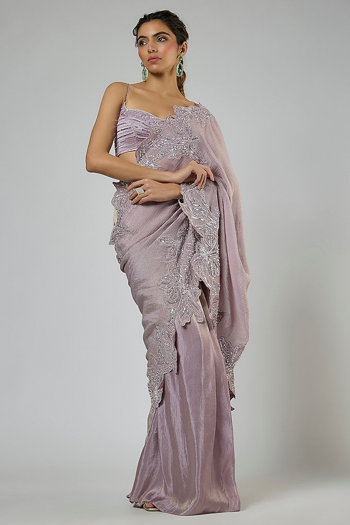 Dusty Lilac & Pink Ombre Crushed Tissue Embroidered Pre-Stitched Reception Saree Set by MASUMI MEWAWALLA at Pernia's Pop Up Shop