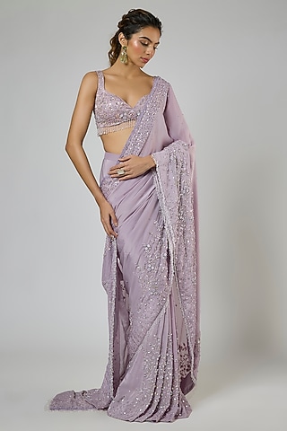 Dusty Lilac Fuji Crepe Embroidered Pre-Stitched Saree Set by MASUMI MEWAWALLA