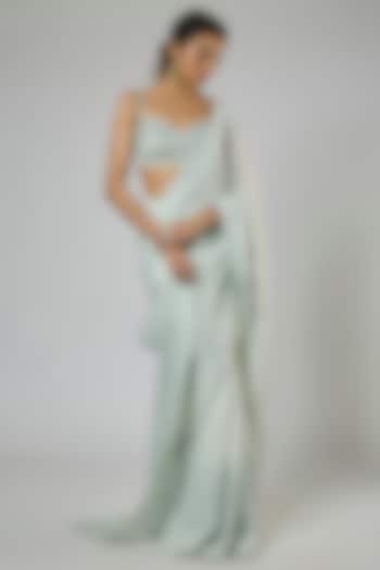 Light Mint Fuji Crepe Embroidered Pre-Stitched Reception Saree Set by MASUMI MEWAWALLA at Pernia's Pop Up Shop