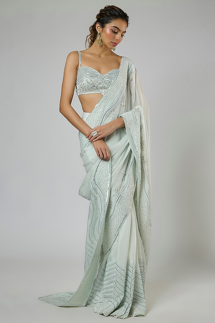 Light Mint Fuji Crepe Embroidered Pre-Stitched Reception Saree Set by MASUMI MEWAWALLA at Pernia's Pop Up Shop