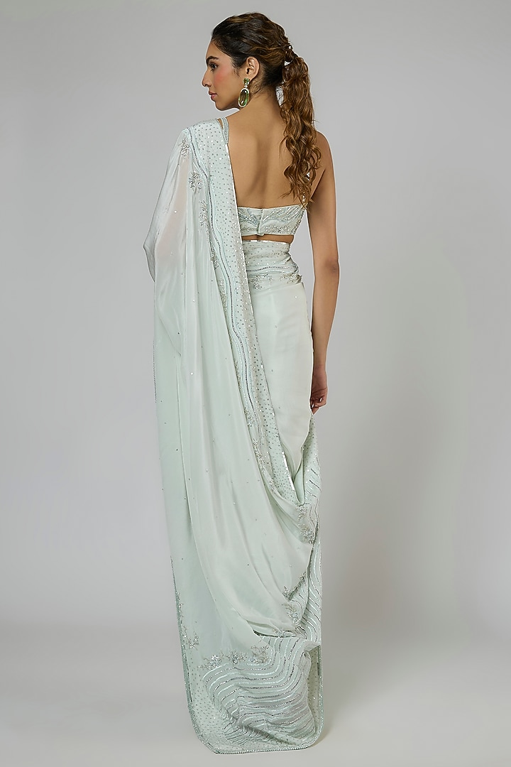 Light Mint Fuji Crepe Embroidered Pre-Stitched Reception Saree Set by MASUMI MEWAWALLA at Pernia's Pop Up Shop