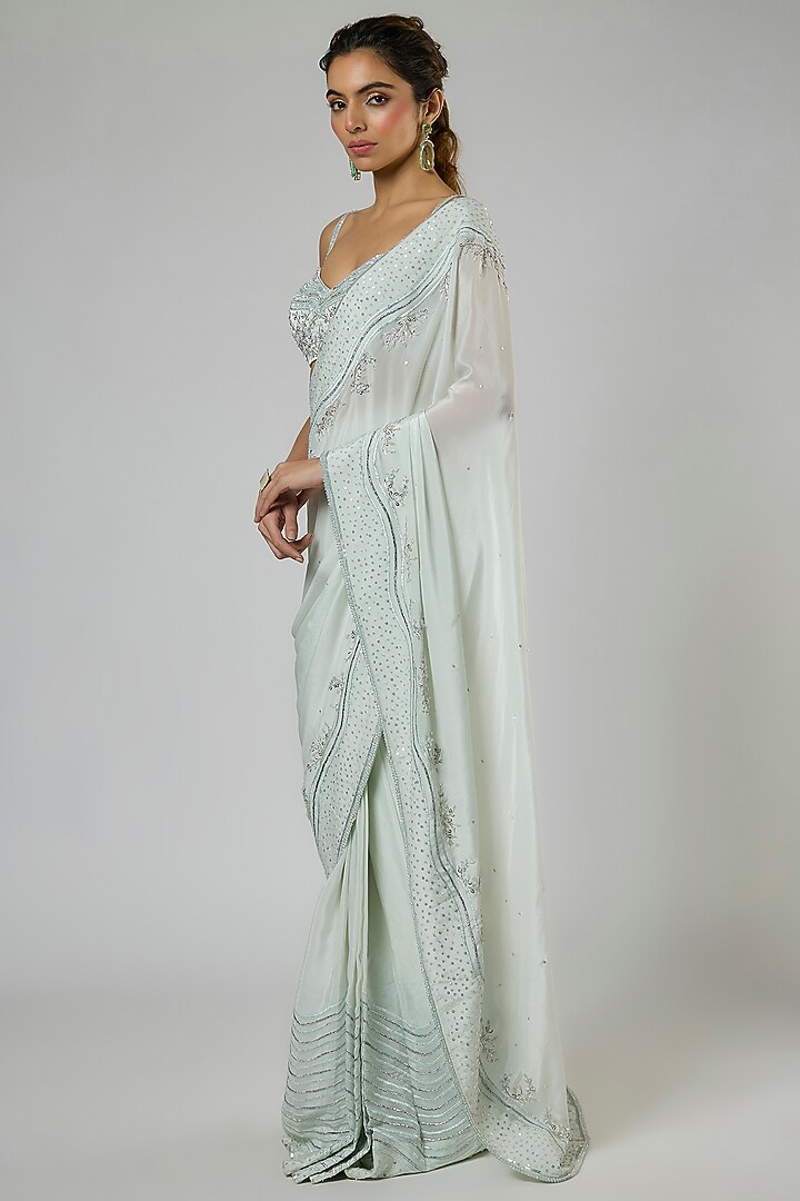 Light Mint Fuji Crepe Embroidered Pre-Stitched Reception Saree Set by MASUMI MEWAWALLA at Pernia's Pop Up Shop
