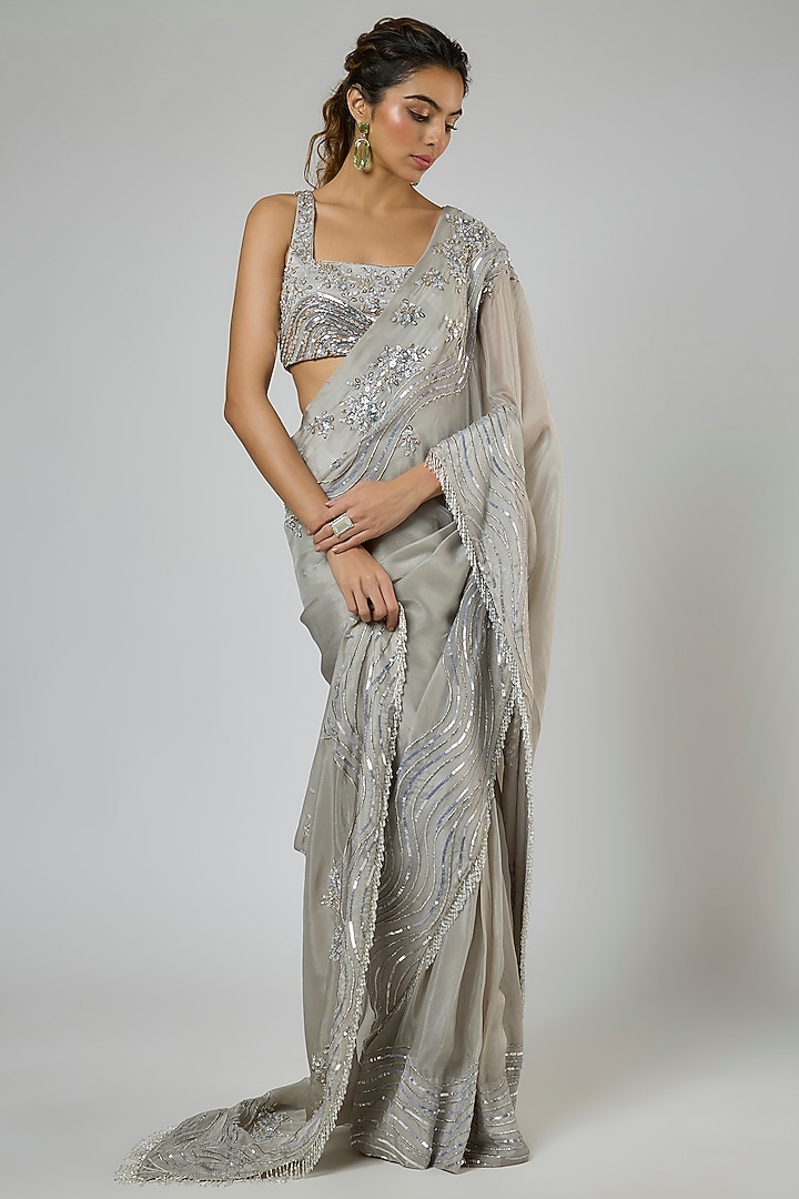 Grey Habutai Silk Embroidered Pre-Stitched Reception Saree Set by MASUMI MEWAWALLA at Pernia's Pop Up Shop