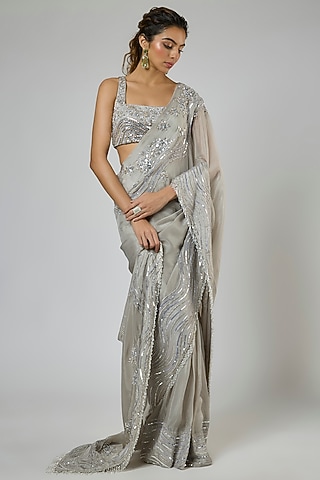 Grey Habutai Silk Embroidered Pre-Stitched Saree Set by MASUMI MEWAWALLA