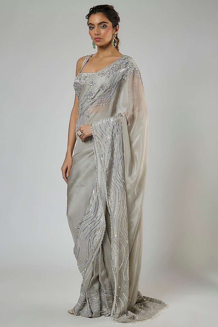 Grey Habutai Silk Embroidered Pre-Stitched Reception Saree Set by MASUMI MEWAWALLA at Pernia's Pop Up Shop