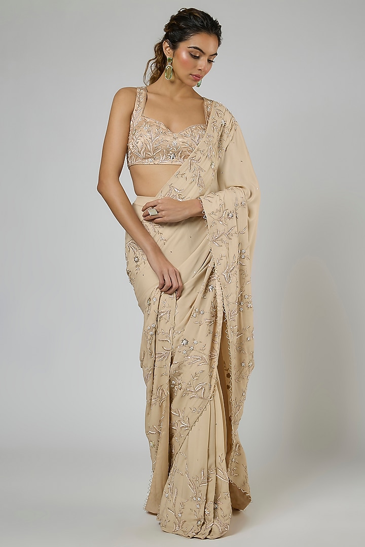 Beige Georgette Embroidered Pre-Stitched Reception Saree Set by MASUMI MEWAWALLA at Pernia's Pop Up Shop