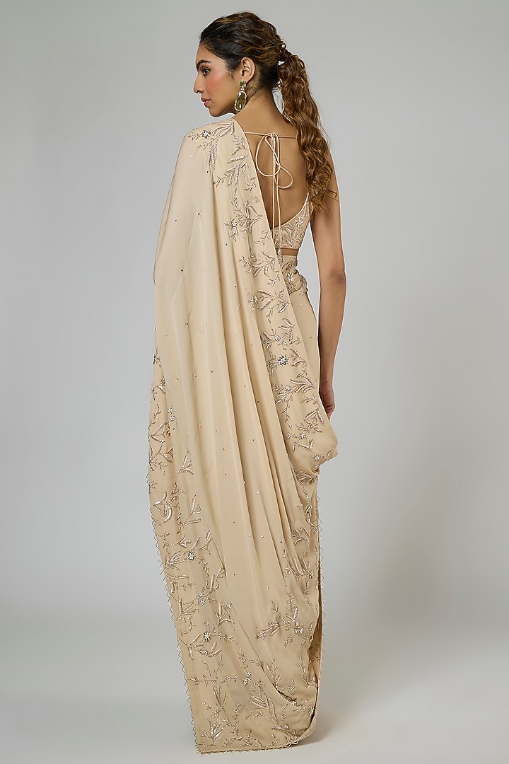 Beige Georgette Embroidered Pre-Stitched Reception Saree Set by MASUMI MEWAWALLA at Pernia's Pop Up Shop