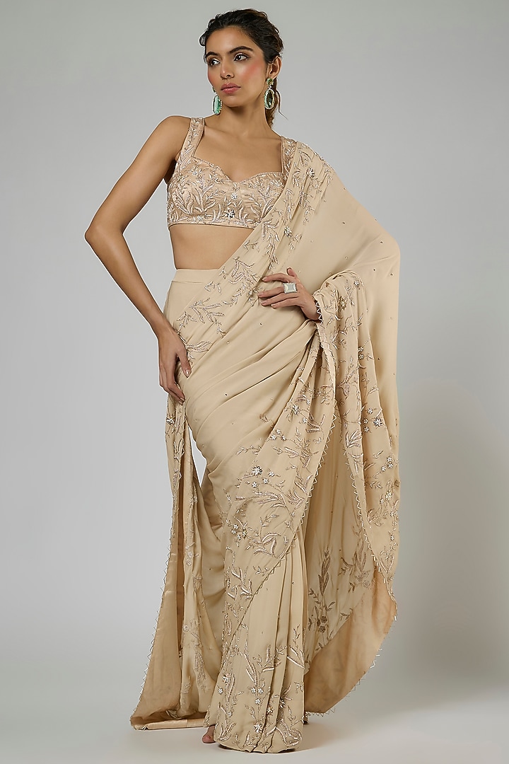 Beige Georgette Embroidered Pre-Stitched Reception Saree Set by MASUMI MEWAWALLA at Pernia's Pop Up Shop