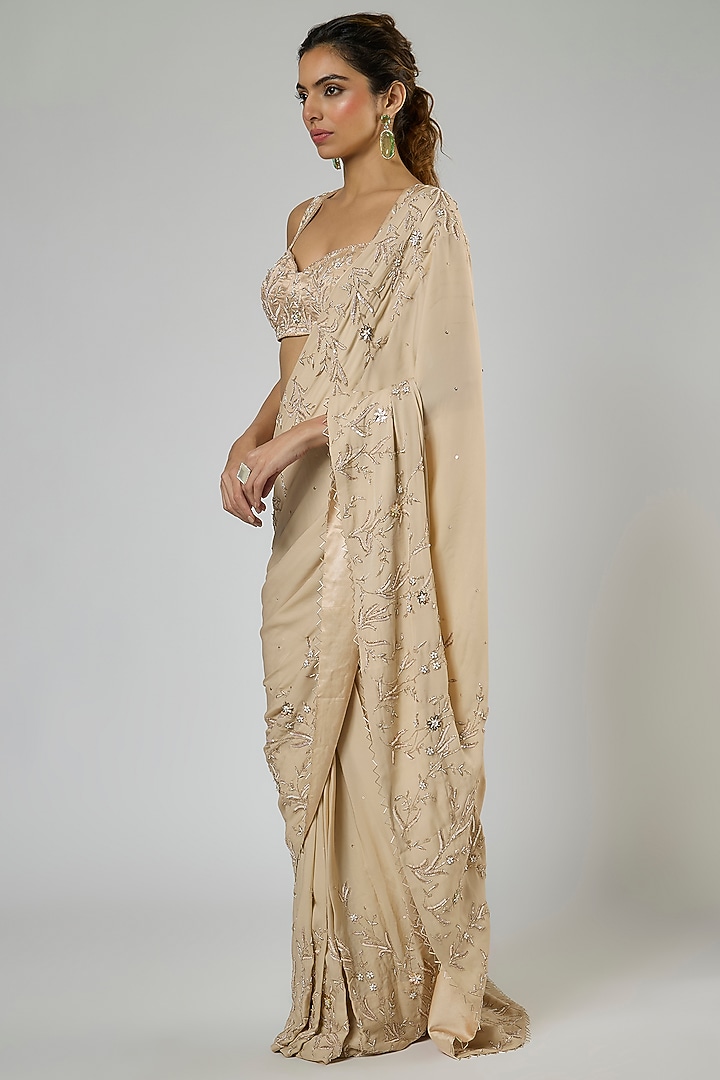 Beige Georgette Embroidered Pre-Stitched Reception Saree Set by MASUMI MEWAWALLA at Pernia's Pop Up Shop
