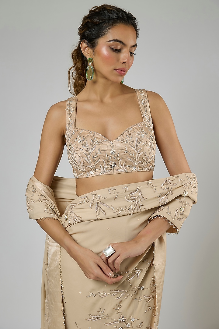 Beige Georgette Embroidered Pre-Stitched Reception Saree Set by MASUMI MEWAWALLA at Pernia's Pop Up Shop