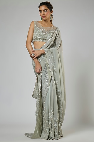 Dusty Green Fuji Crepe Embroidered Pre-Stitched Saree Set by MASUMI MEWAWALLA