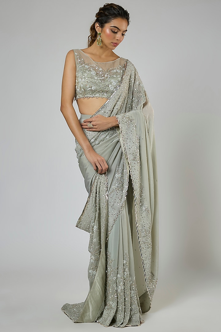 Dusty Green Fuji Crepe Embroidered Pre-Stitched Reception Saree Set by MASUMI MEWAWALLA at Pernia's Pop Up Shop