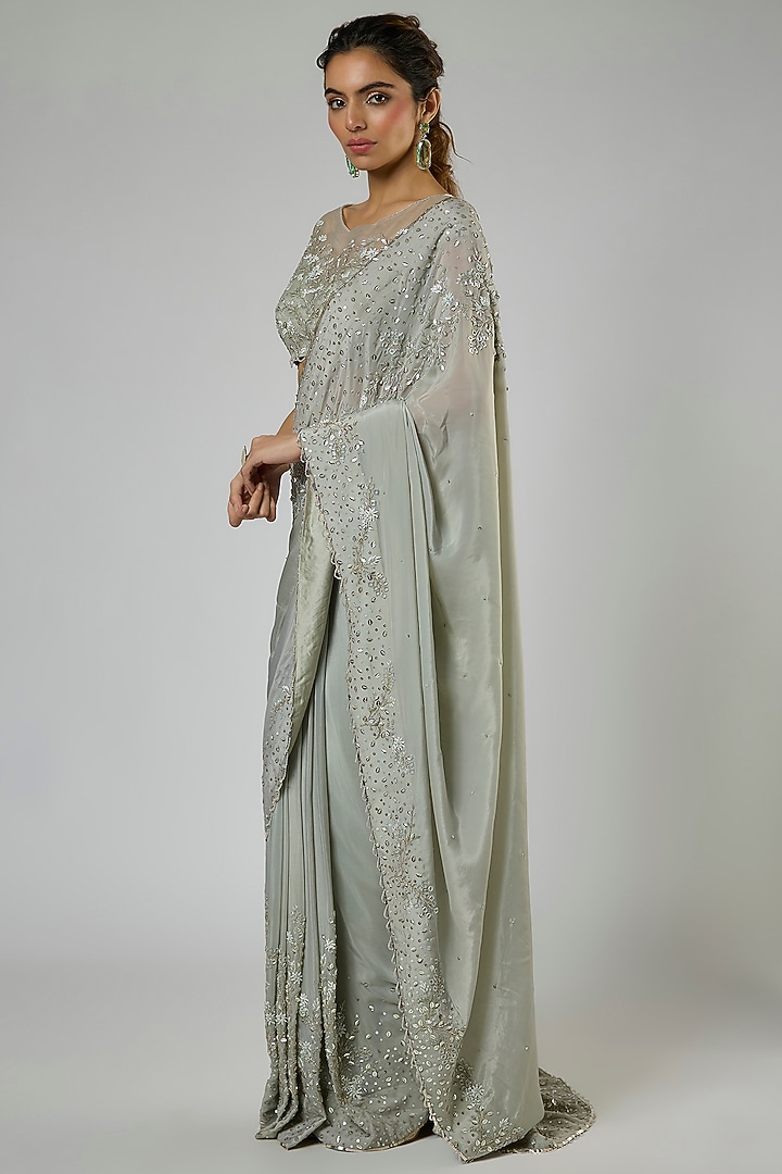 Dusty Green Fuji Crepe Embroidered Pre-Stitched Reception Saree Set by MASUMI MEWAWALLA at Pernia's Pop Up Shop