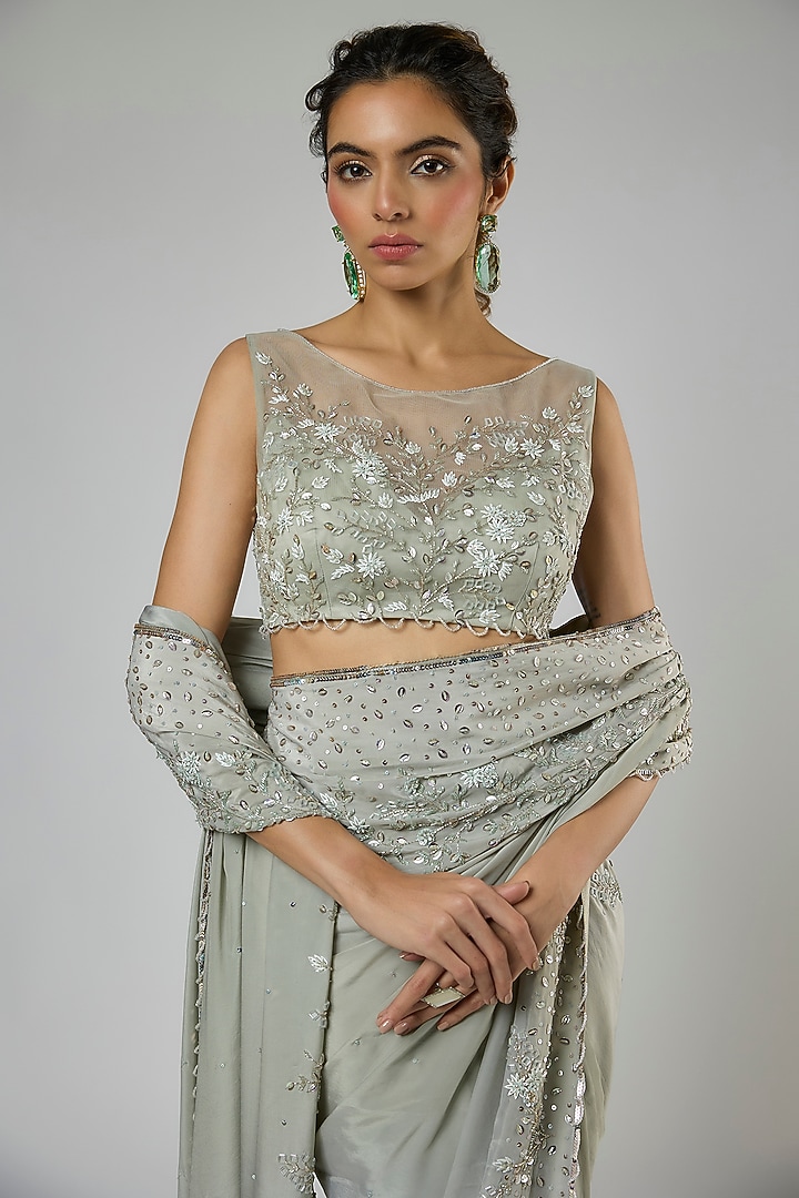 Dusty Green Fuji Crepe Embroidered Pre-Stitched Reception Saree Set by MASUMI MEWAWALLA at Pernia's Pop Up Shop