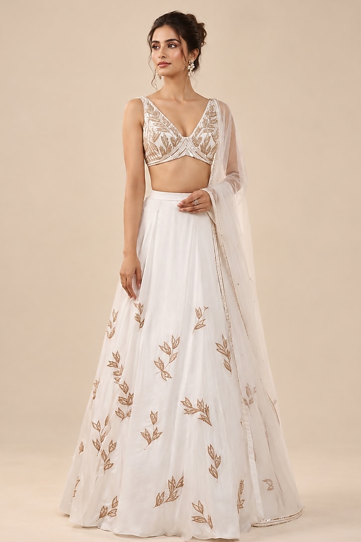 White Satin Organza Hand & Machine Embroidered Wedding Lehenga Set by Masumi Mewawalla at Pernia's Pop Up Shop