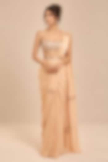 Champagne Satin Organza Draped Wedding Saree Set by Masumi Mewawalla at Pernia's Pop Up Shop