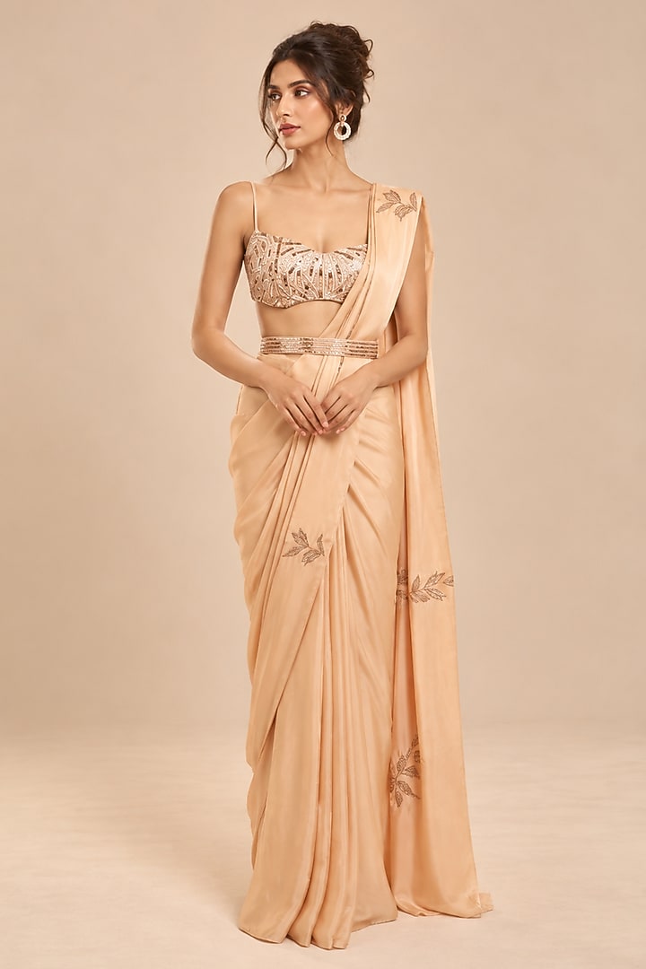 Champagne Satin Organza Draped Wedding Saree Set by Masumi Mewawalla at Pernia's Pop Up Shop