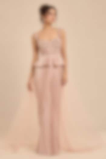 Rose Gold Mashru Shimmer Draped Wedding Saree Set by Masumi Mewawalla at Pernia's Pop Up Shop