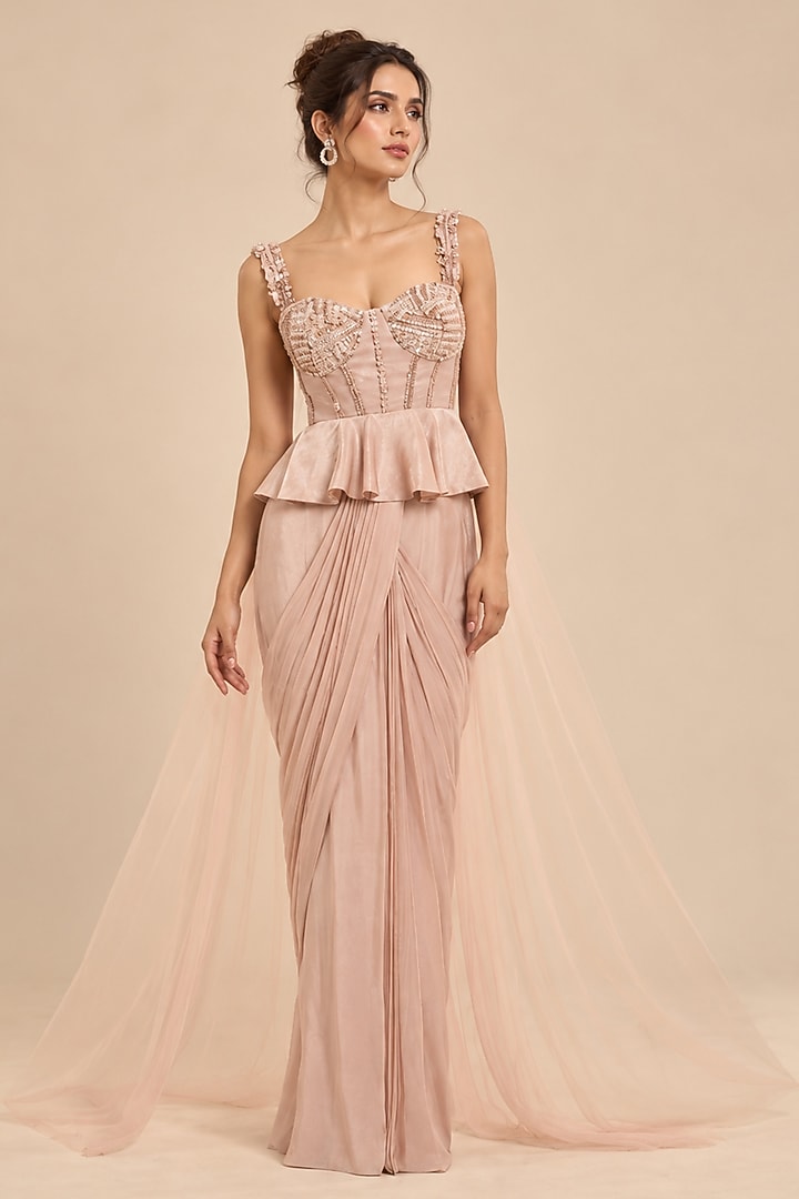 Rose Gold Mashru Shimmer Draped Wedding Saree Set by Masumi Mewawalla at Pernia's Pop Up Shop