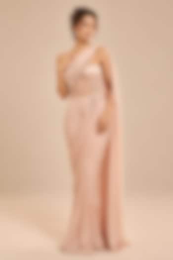 Rose Gold Mashru & Crepe Draped Wedding Saree Set by Masumi Mewawalla at Pernia's Pop Up Shop
