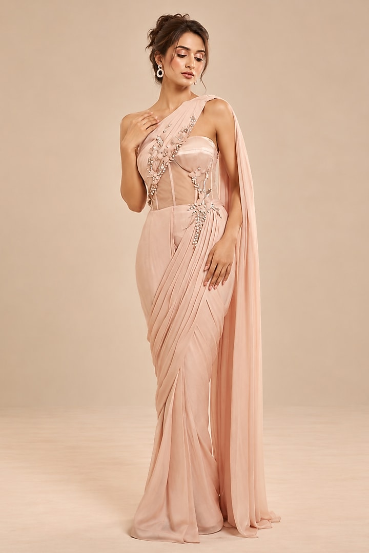 Rose Gold Mashru & Crepe Draped Wedding Saree Set by Masumi Mewawalla at Pernia's Pop Up Shop