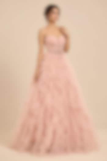 Rose Pink Tulle Floral Embroidered Ruffled Engagement Gown by Masumi Mewawalla at Pernia's Pop Up Shop