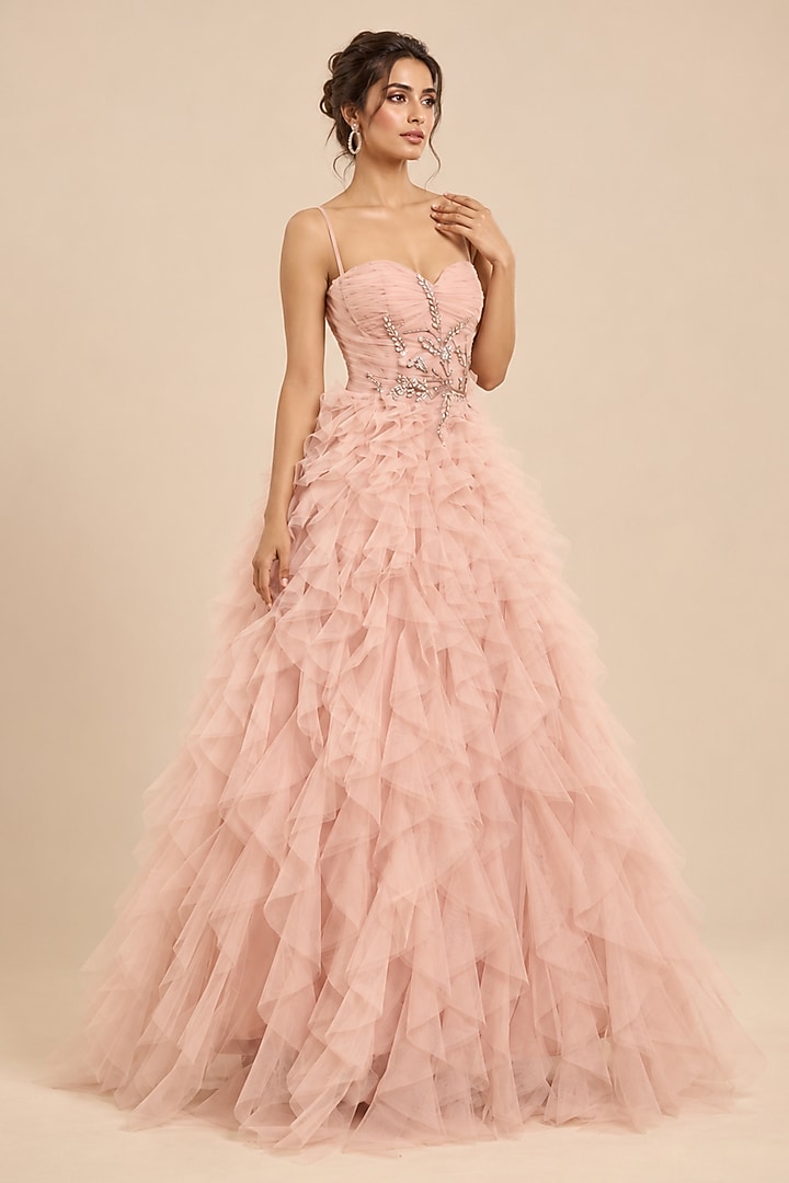 Rose Pink Tulle Floral Embroidered Ruffled Engagement Gown by Masumi Mewawalla at Pernia's Pop Up Shop