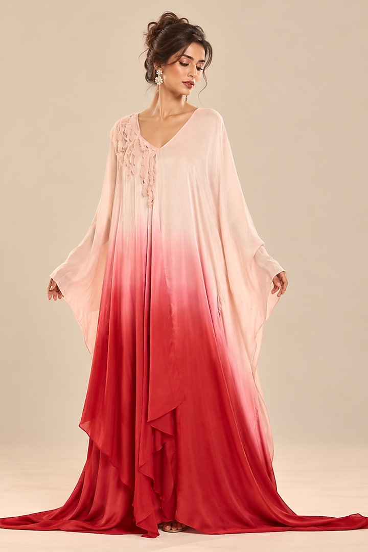 Rose Gold & Red Ombre Satin Organza Kaftan by Masumi Mewawalla at Pernia's Pop Up Shop
