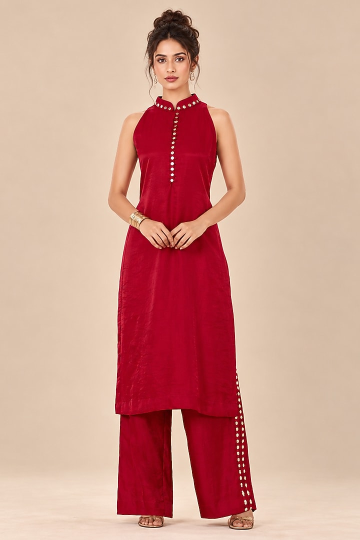 Red Dupion Tabby Silk Zari Embroidered Straight Kurta Set by Masumi Mewawalla at Pernia's Pop Up Shop