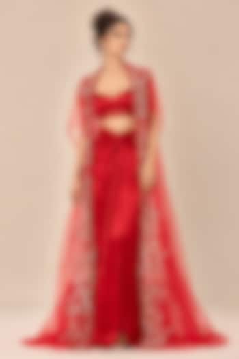 Red Mashru Silk Draped Skirt Set by Masumi Mewawalla at Pernia's Pop Up Shop