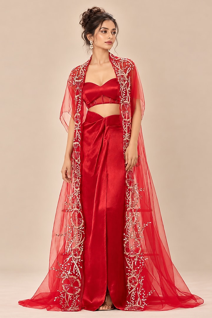 Red Mashru Silk Draped Skirt Set by Masumi Mewawalla at Pernia's Pop Up Shop