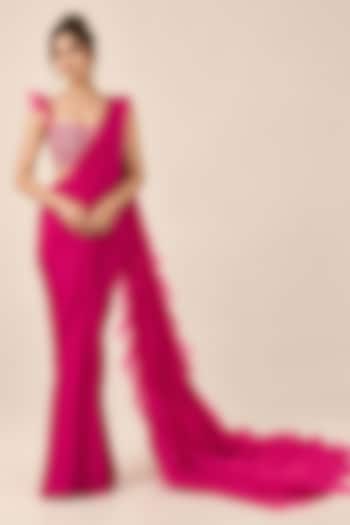 Hot Pink Mashru Ruffled Wedding Saree Set by Masumi Mewawalla at Pernia's Pop Up Shop