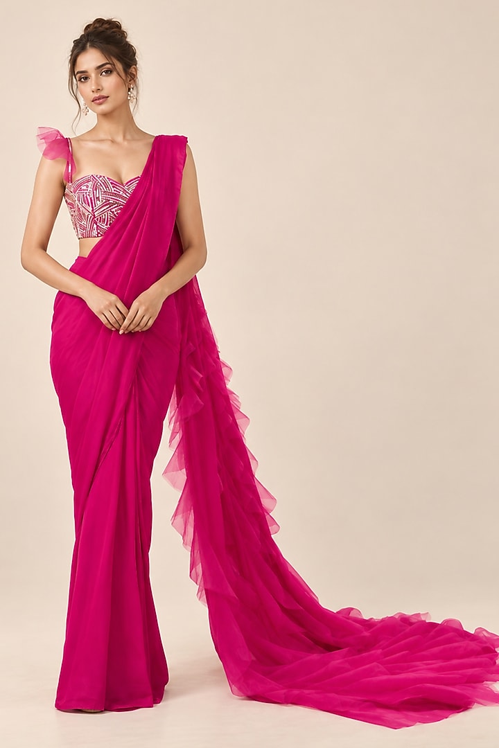 Hot Pink Mashru Ruffled Wedding Saree Set by Masumi Mewawalla at Pernia's Pop Up Shop