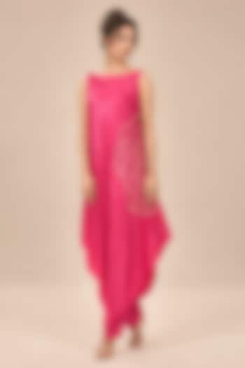 Hot Pink Mashru Silk Asymmetrical Kurta Set by Masumi Mewawalla at Pernia's Pop Up Shop