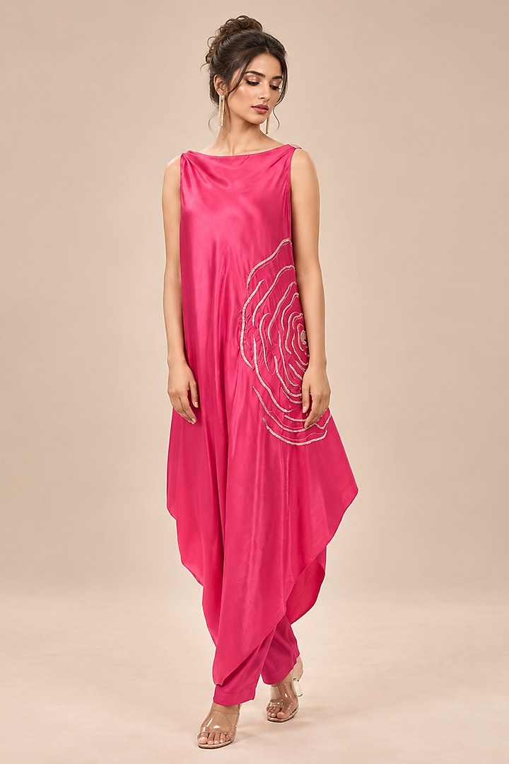 Hot Pink Mashru Silk Asymmetrical Kurta Set by Masumi Mewawalla at Pernia's Pop Up Shop