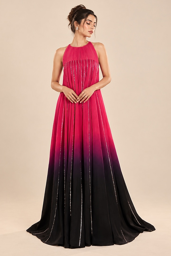 Hot Pink & Black Ombre Satin Organza Engagement Gown by Masumi Mewawalla at Pernia's Pop Up Shop
