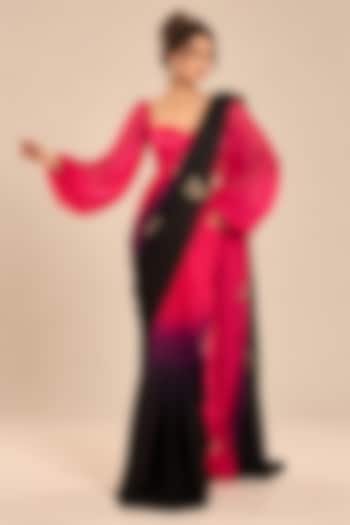 Hot Pink & Black Ombre Satin Organza Embroidered Wedding Saree Set by Masumi Mewawalla at Pernia's Pop Up Shop