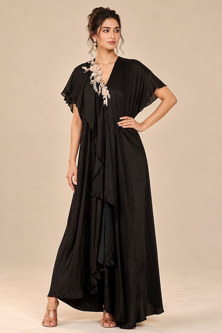 Black Modal Satin Hand & Machine Embroidered Kaftan by Masumi Mewawalla at Pernia's Pop Up Shop