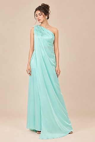 Mint Green Modal Satin One-Shoulder Kurta Set by masumi mewawalla