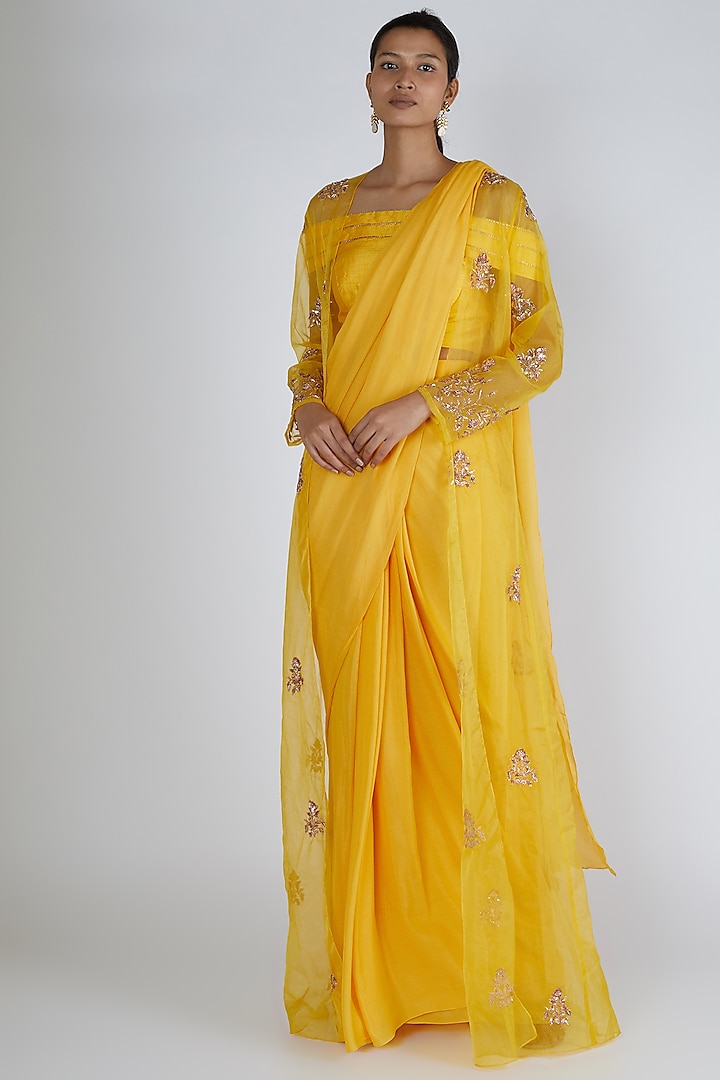 Mango Yellow Embroidered Saree Set With Jacket by MASUMI MEWAWALLA at Pernia's Pop Up Shop